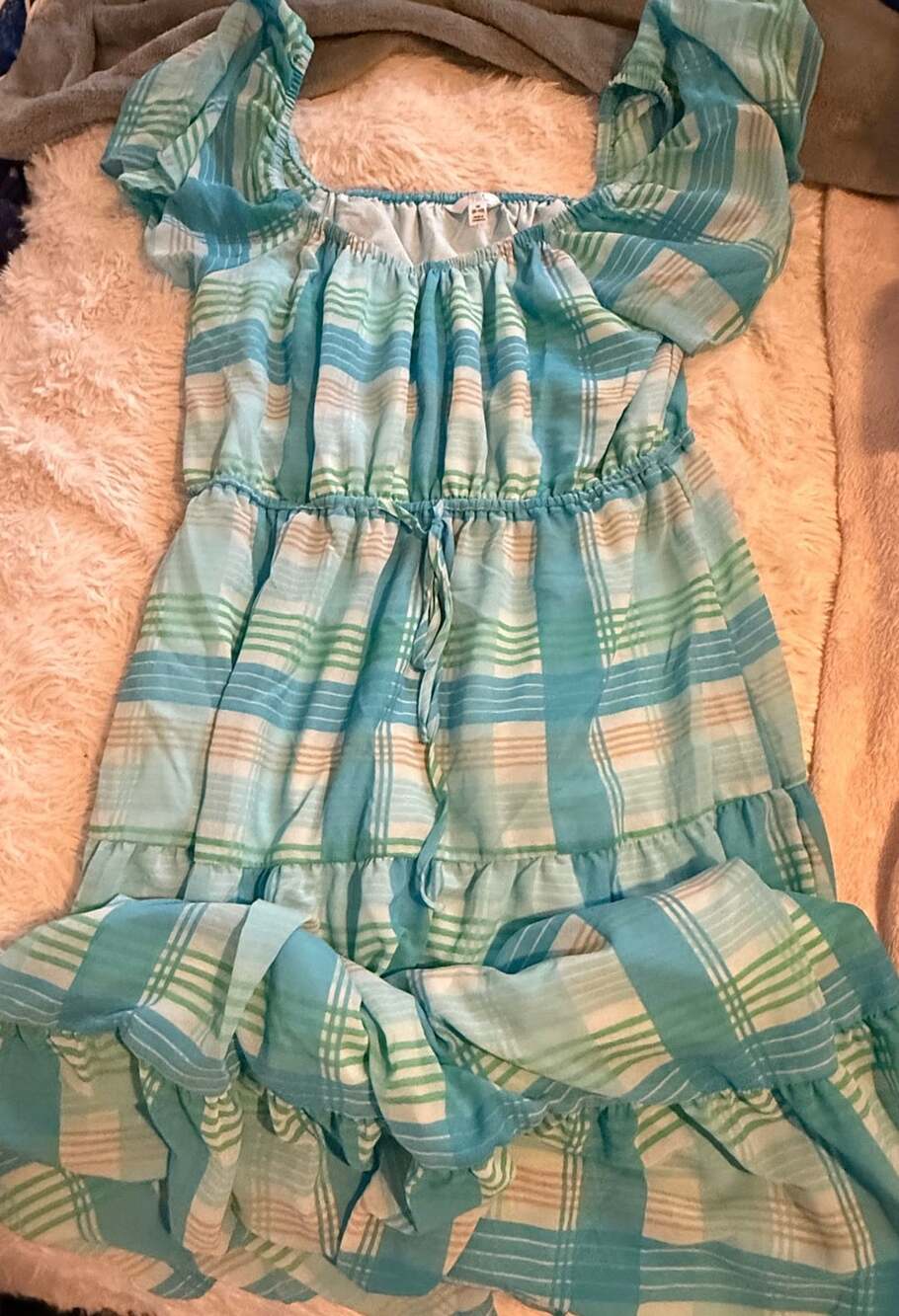 Time And Tru Dress Size M 8-10 Blue Plaid Off The Shoulder Tiered